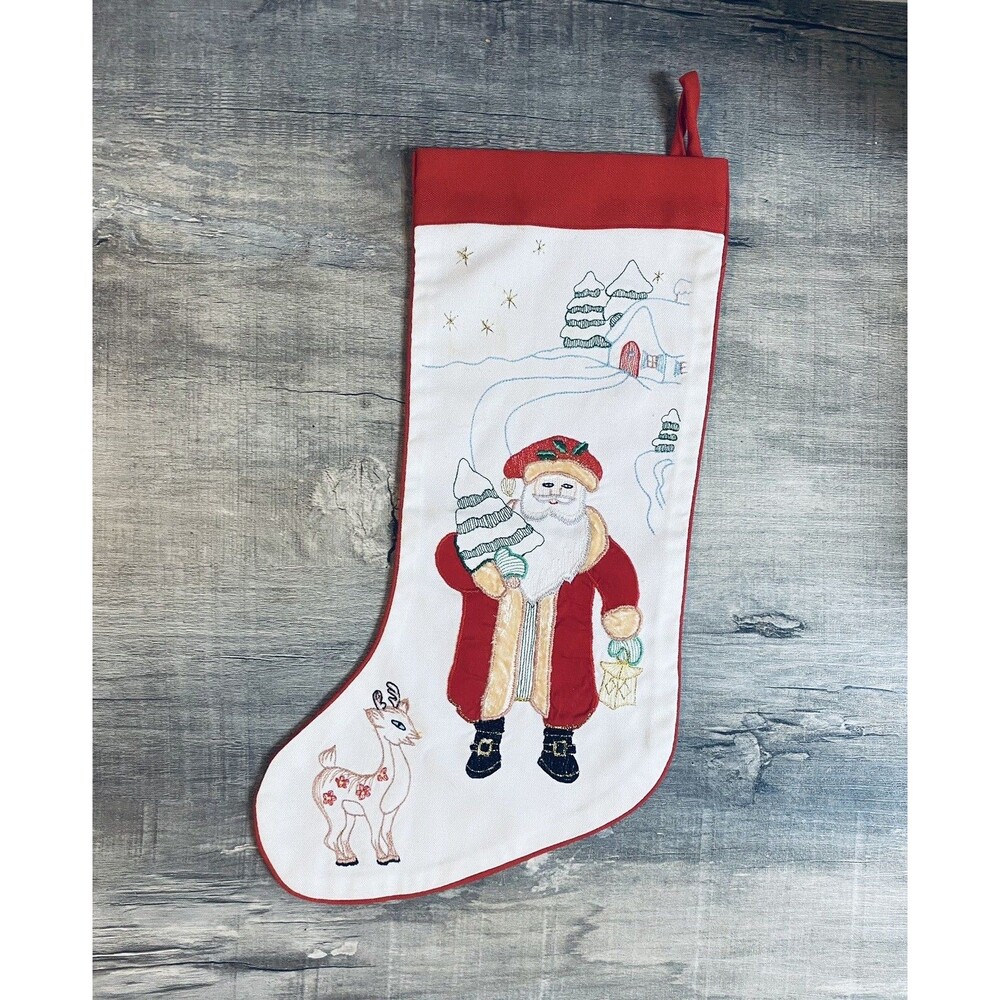 Vintage Hand Sewn Embroidered Christmas Stocking Santa Deer